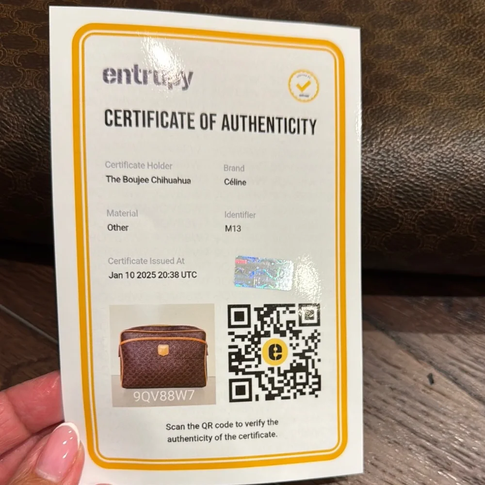 Celine Pre Owned Authentic Brown and Tan Toiletry Bag with Monogram Pattern.